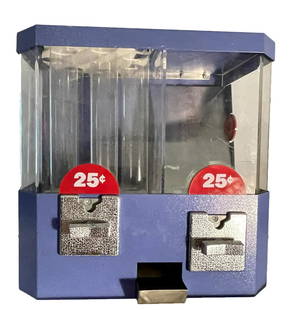 DOUBLE COINOP DISPENSER: 25 CENTS COIN OP DOUBLE DISPENSER 15.5 X 15.5 INCHES COMPOSITION IS PLASTIC
