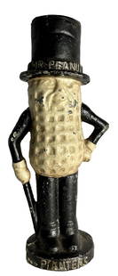 MR PEANUT CAST IRON BANK: MR PEANUT CAST IRON BANK MEASURES 8 INCHES IN HEIGHT MR. PEANUT IN RASIED LETTERING ON THE TOP HAT AND PLANTERS IN RAISED LETTERING ON THE BOTTOM OF THE BANK