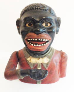 JOLLY CAST IRON MECHANICAL BANK: JOLLY CAST IRON MECHANICAL BANK 6 INCHES IN HEIGHT BANK WILL NEED SOME RESTORATION TO BE MECHANICALLY OPERABLE