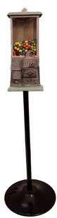 PORCELAIN GUMBALL MACHINE WITH STAND: PORCELAIN GUMBALL MACHINE MASTER 1 CENT COIN OP 1930'S GREEN PORCELAIN MEASURES 4 FT TALL WITH STAND