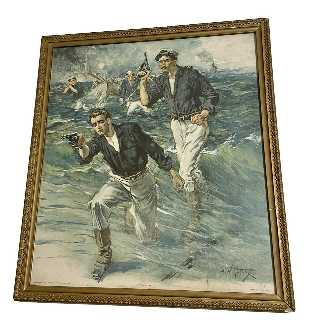 Framed print The Attack. Copyright by Smith & Wesson: FRAMED PRINT THE ATTACK. COPYRIGHT BY SMITH & WESSON SPRINGFIELD, MASS., 1902. PRINT BY G.W. PETERS. PUBLISHED BY FRANK PRESBREY CO., NY. STRONG COLORS. NICE PRESENTATION. APPROPRIATELY FRAMED. MEASUR