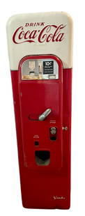 COCA-COLA VENDOR: MODEL 44 10c VENDO COKE MACHINE-COOLS AND VENDS-AND THE CHANGE MECH WORKS PERFECTLY. APPEARS TO BE ORIGINAL PARTS DIMENSIONS APPROXIMATELY 57.5HX 15.5 DEPTH X 15 WIDE HAS KEY