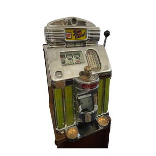 50c JENNINGS SUNCHIEF SLOT MACHINE: JENNINGS SUN CHIEF 50c SLOT MACHINE 27 X 15 X 16 HAS KEYS AND PLAYS