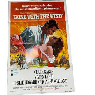 GONE WITH THE WIND MOVIE POSTER: Gone with the Wind (MGM, R-1974). Folded Near mint condition one sheet (27" X 41") Starring Clark Gable, Vivien Leigh, Leslie Howard, Olivia de Havilland, Thomas Mitchell, Barbara O'Neil, Directed by