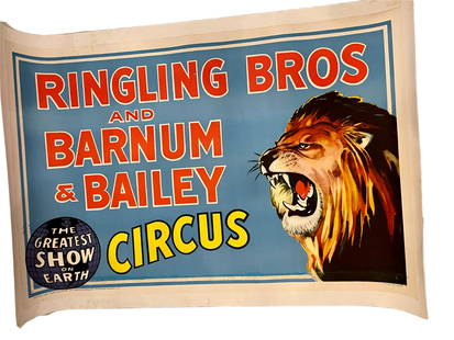 RINGLING BROTHERS AND BARNUM & BAILEY CIRCUS LITHO: RINGLING BROTHERS AND BARNUM & BAILEY CIRCUS THE GREATEST SHOW ON EARTH WITH ROARING LION ACTUAL POSTER 42L X 28 H LARGER ON LINEN BACKING LITHO IN USA AT BOTTOM COPYRIGHT 1942 RINGLING BROTHERS AND