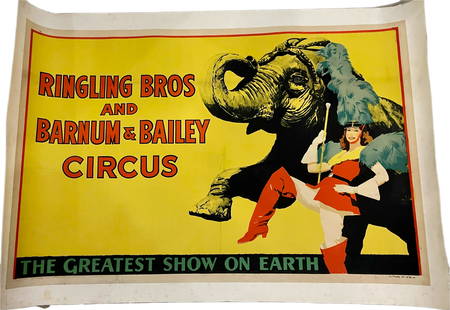 RINGLING BROTHERS AND BARNUM & BAILEY CIRCUS LITHO: RINGLING BROTHERS AND BARNUM & BAILEY CIRCUS THE GREATEST SHOW ON EARTH WITH ELEPHANT AND LADY IN RED SHOW BOOTS 42 L X 28 W LARGER ON LINEN BACKING BOTTOM COPYRIGHT 1943 RINGLING BROTHERS AND BARNUM