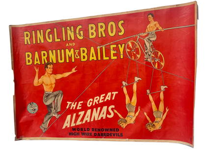 RINGLING BROTHERS BARNUM & BAILEY THE GREAN ALZANAS WORLD RENOWNED HIGH WIRE DARE DEVILS LI: RINGLING BROTHERS BARNUM & BAILEY THE GREAN ALZANAS WORLD RENOWNED HIGH WIRE DARE DEVILS LINEN BACKED 41L X 27 H LITHO