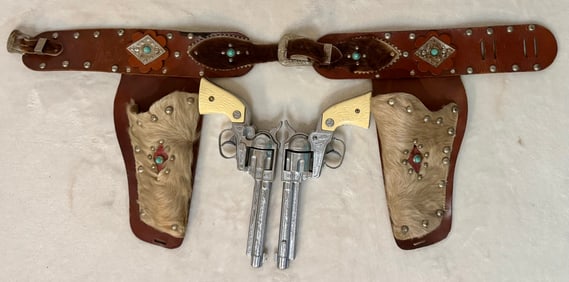 NICHOLS STALLION 38 CAP PISTOLS, LEATHER HOLSTER AND BELT