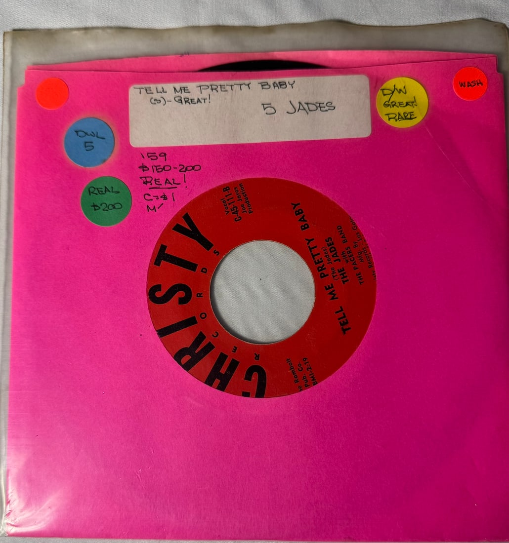 RARE 45 RPM DOOWOP-JADES-CHRISTY 111-TELL ME PRETTY BABY/APPLESAUCE: 45 rpm 7-inch Jades-Christy 111-Tell Me Pretty Baby/Applesauce From 1959- vinyl is very shiny no dull spots and no visible scratches