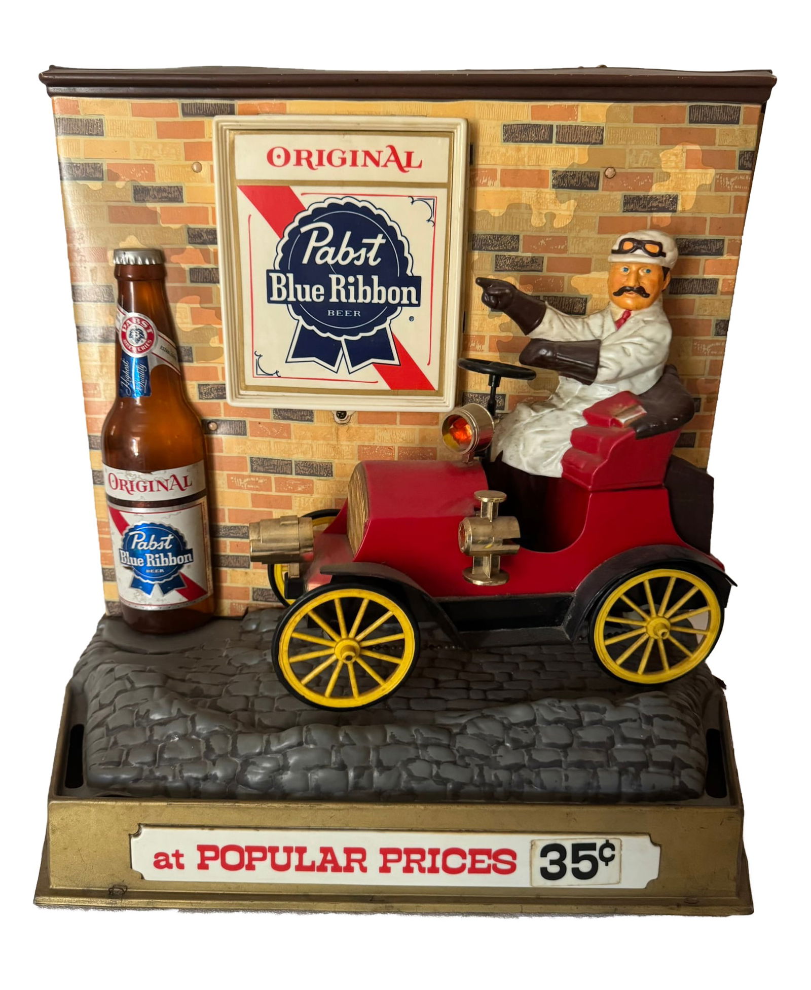 PABST BLUE RIBBON OLD JALOPY CAR MOTION LIGHT UP SIGN: When plugged in the car bounces and moves did not see any lights . Dimensions: Height 16 ½ inches Width 16 ½ inchesDepth 9 inches