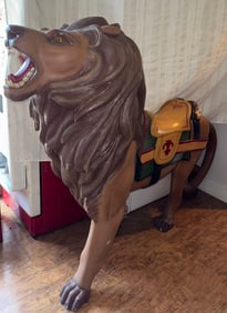 LARGE CARVED WOODEN CAROUSEL LION WITH MONKEY RIDING ON THE SADDLE