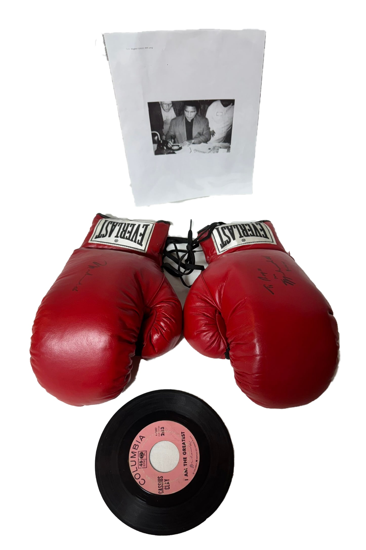 AUTOGRAPHED BOXING GLOVES AND 45 RECORD SIGNED BY MUHAMMAD ALI BORN CASSIUS MARCELLUS CLAY JR (1 of 4)