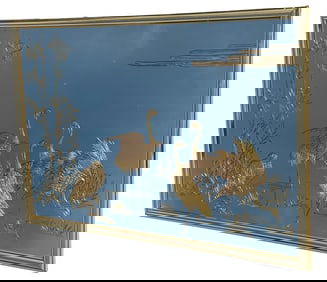 BEAUTIFUL HOLLYWOOD REGENCY GOLD ETCHED GLASS MIRROR WALL WITH CRANES