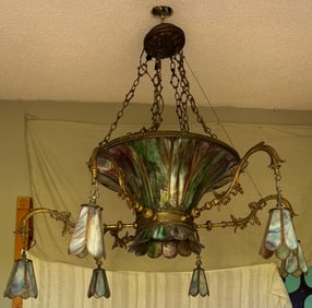 ANTIQUE STAINED GLASS AND BRASS CHANDALIER