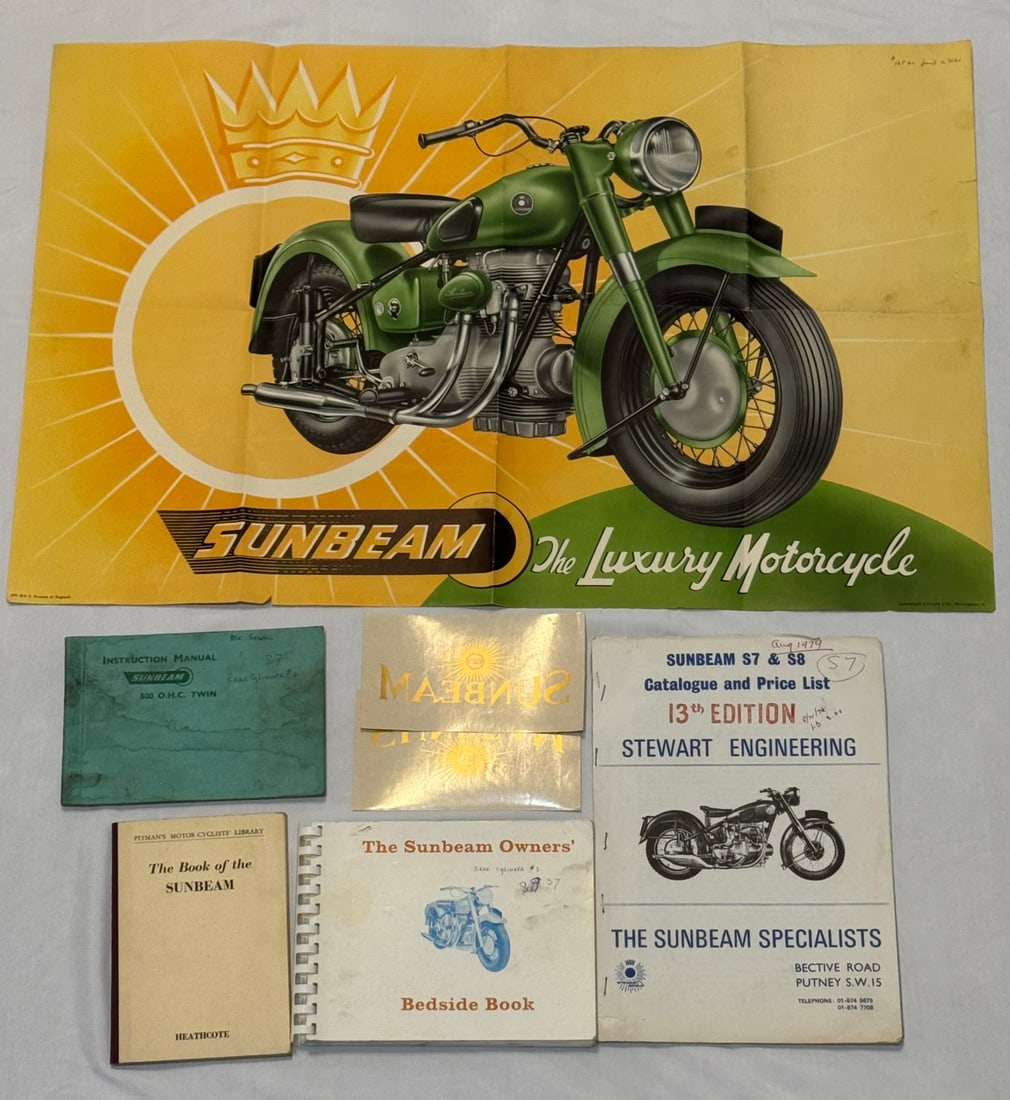 SUNBEAM MOTORCYCLE POSTER/MANUAL/BEDSIDE BOOK/ DECALS/CATALOGUE & PRICE LIST: POSTER HAS GREAT COLOR AS IT’S BEEN STORED. CATALOGUE HAS AUGUST 1974 WRITTEN ON IT. AGE APPROPRIATE CONDITION