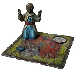 AUSTRIAN COLD PAINTED BERGMAN STYLE COPPER ENAMEL ARABIC FIGURE ON PERSIAN RUG