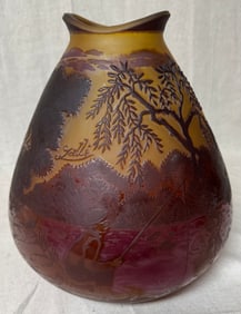 FISHING SCENIC ROMANIAN GALLE ART GLASS VASE