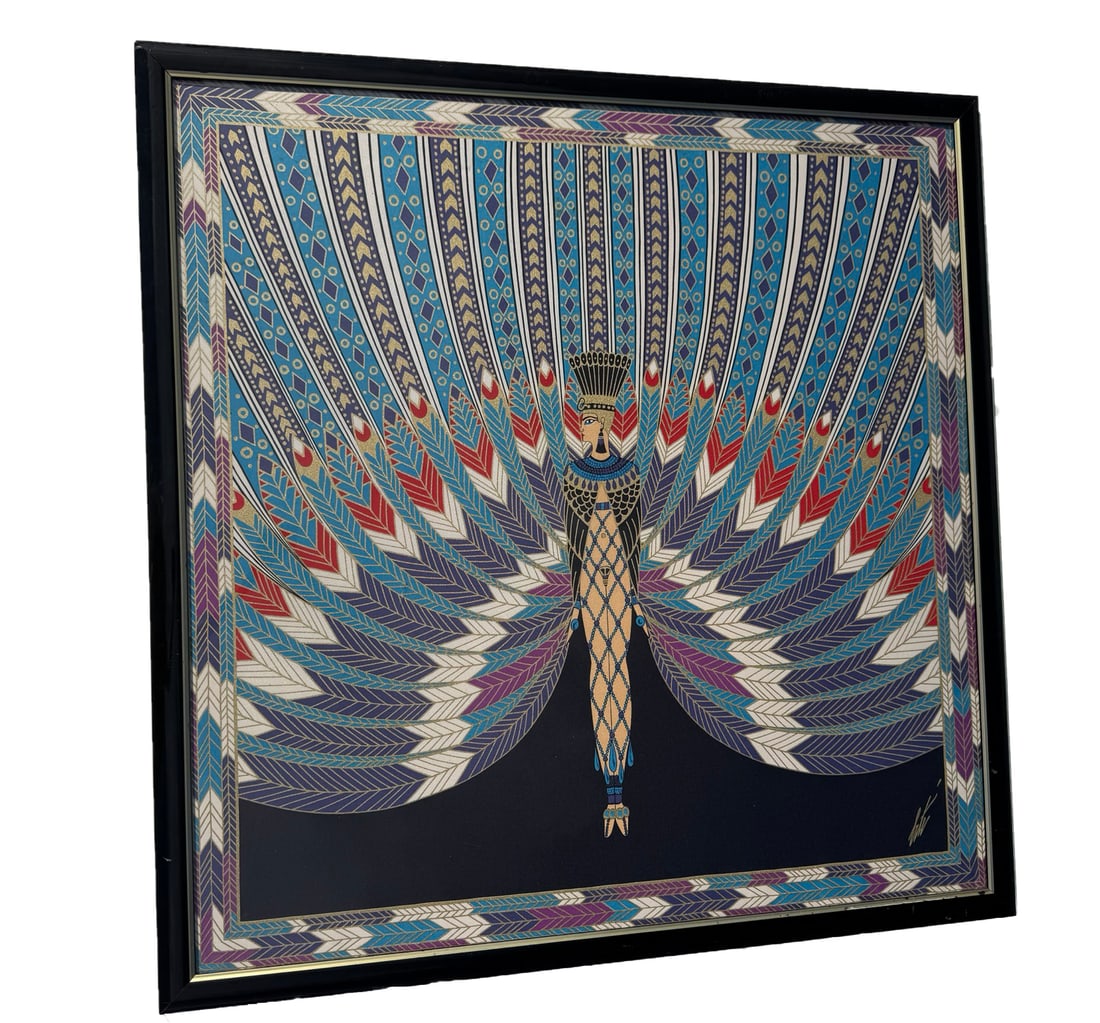 ERTE THE NILE ART SILK PRINT: Luxurious Art Deco Silk Print – The Nile by Erté (Romain de Tirtoff), 1978 EXCELLENT CONDITIONOffered for sale is an exquisite, hand-printed silk artwork titled The Nile by legendary Art Deco artis