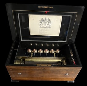 ROSEWOOD INLAID MUSIC BOX WITH 6 VISIBLE BELLS AND TABLE