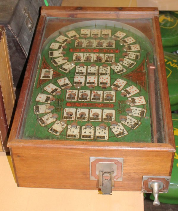 Play Boy Pinball: Earlyl table top pinball type game machine. Wooden cabinet, back door with key. 5 inch long scratch on glass lower left. Wear on the playing field. Ten balls for 5 cents. Field has nice character - pl