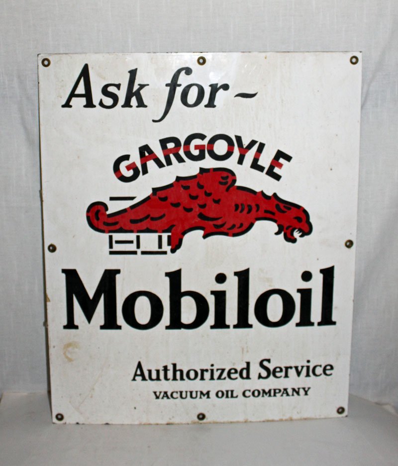 Mobiloil Gargoyle Sign: Porcelain sign advertising Mobiloil - Ask for Gargoyle. No mfg. mark. Some surface wear and staining. 19.5 x 24.