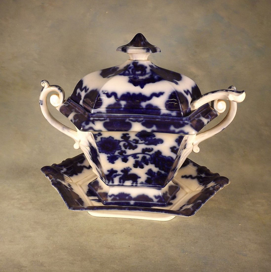 Large Flow Blue Tureen, Underplate, and Ladle by: Large Flow Blue Tureen, Underplate, and Ladle by Francis Morley c1850 - Cashmere Pattern - 13" tall