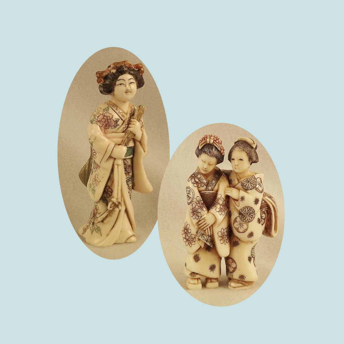 2 Carved Ivory Netsuke of 2 Women - 2.25" and 3" tall: 2 Carved Ivory Netsuke of 2 Women - 2.25" and 3" tall