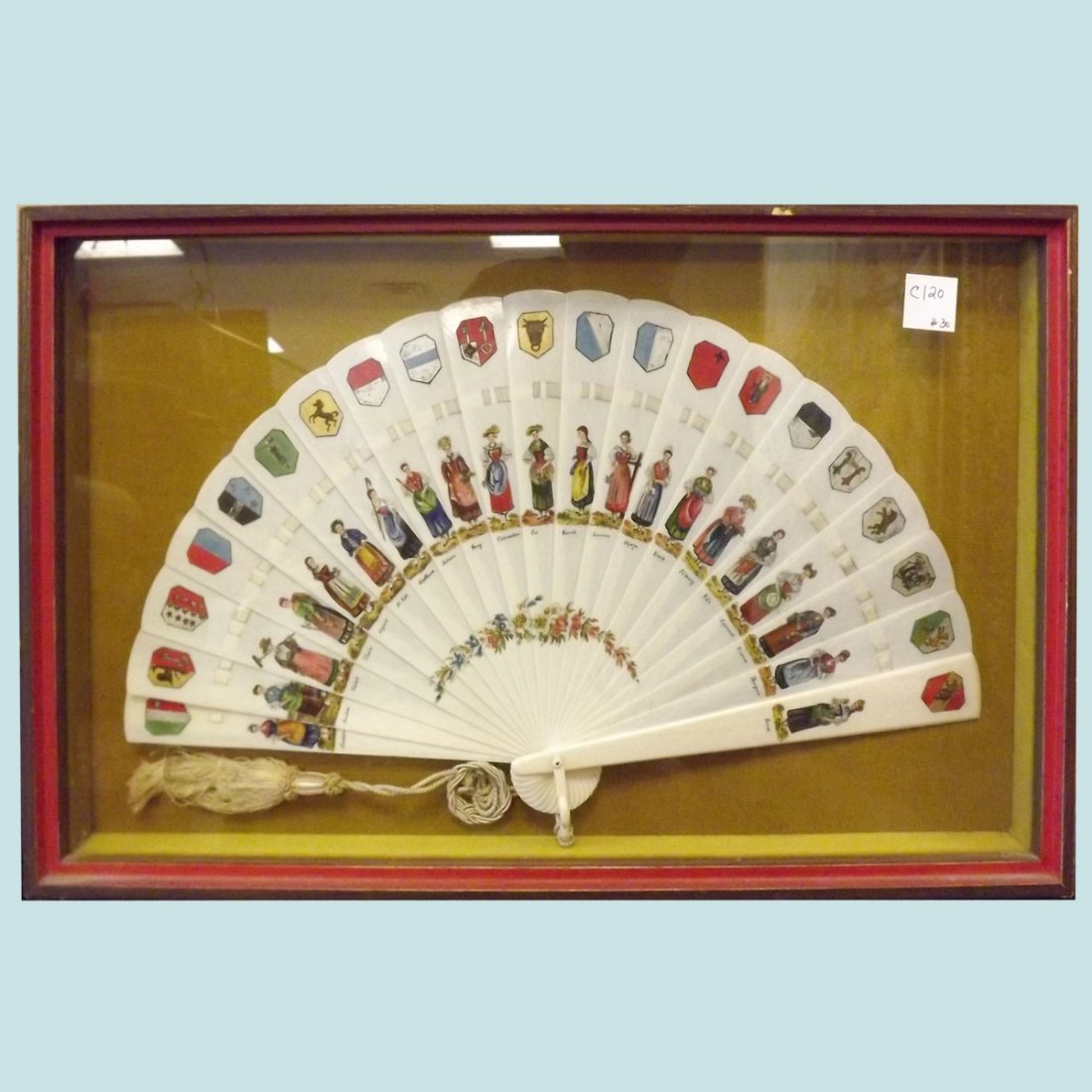 18th or 19th Century Ivory Fan w/ Hand Painted Family: 18th or 19th Century Ivory Fan w/ Hand Painted Family Crest Framed in Shadow Box - 12.75" x 20.75"