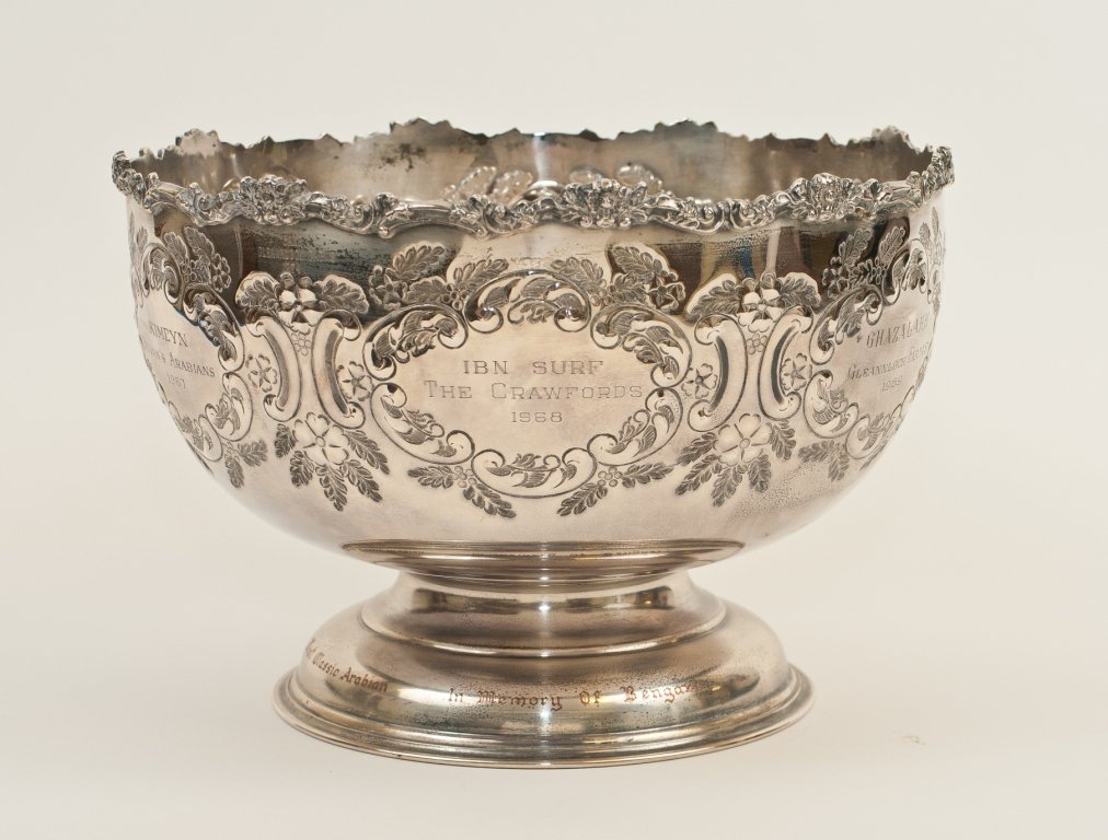 Silver Plate Challenge Trophy Gleannloch Arabian horses: This silver plate floral design punch bowl was the Mr. and Mrs. Frank Williams Challenge Trophy for Most Classic Arabian. It is engraved with the names of several famous Arabian horses that were winne