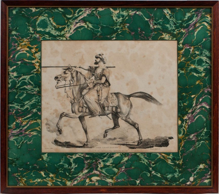 Lithograph titled “The Arab Horse” by H. Alken: This lithograph depicts a mounted Arab warrior holding a lance and riding a trotting Arabian horse. The lower left hand corner reads “H. Alken Lithog”, likely Henry Thomas Alken. Additional text r