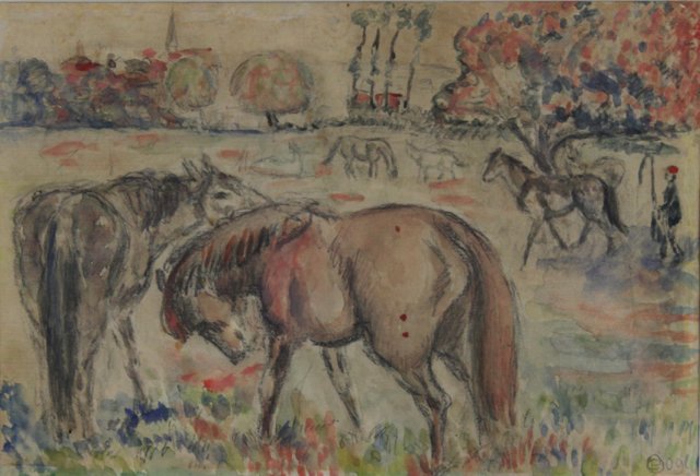 Horses in a Field: OROVIDA PISSARRO (1893-1968) Horses in a Field Watercolour, tempera, charcoal and pencil on paper 5 ½ x 7 ⅞ inches (14 x 20 cm) Framed 13 ⅜ x 15 ½ inches (34 x 39.5 cm) Signed with monog