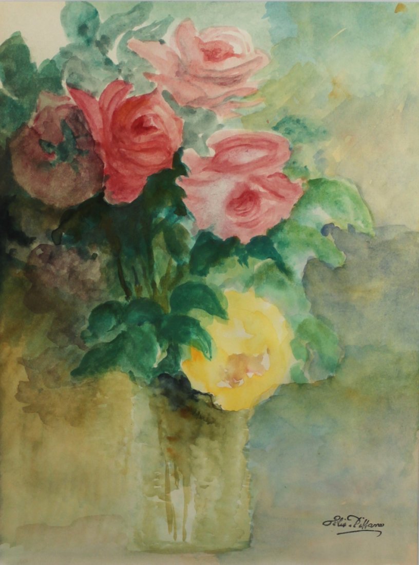 Bouquet of Roses: FÉLIX PISSARRO II (1917-1984) Bouquet of Roses Watercolour on paper 12 ¼ x 9 ⅛ inches (31 x 23.2 cm) Framed 20 ⅝ x 13 ½ inches (52.3 x 34.4 cm) Signed with estate stamp lower right Fél