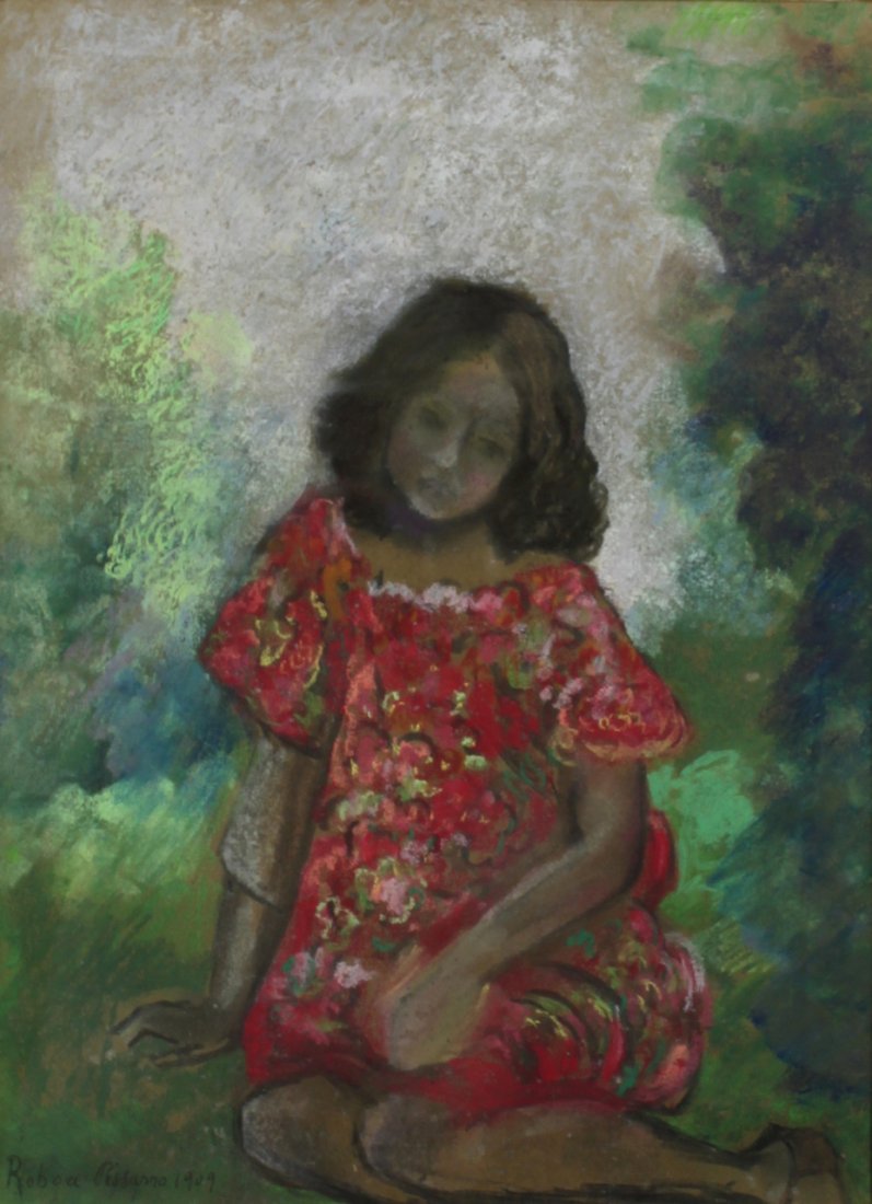 Jeune Enfant à la Robe Rouge: ROBOA PISSARRO (d. 1945) Jeune Enfant à la Robe Rouge Pastel and charcoal on paper 14 ¾ x 10 ¾ inches (37.5 x 27.4 cm) Framed 23 ⅜ x 18 ¼ inches (59.3 x 46.2 cm) Signed Roboa Pissarro lower 