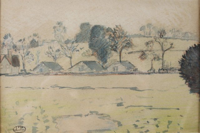 View of a Field with Trees and Barns: LUCIEN PISSARRO (1863-1944) View of a Field with Trees and Barns Watercolour on paper 4 ¾ x 6 ¾ inches (11.9 x 17 cm) Framed 18 x 19 ¾ inches (45.7 x 50 cm) Signed with monogram lower left Lucien P