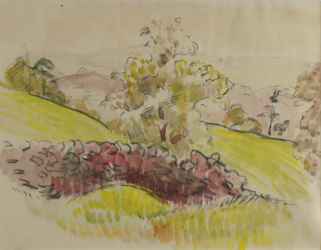 Threes in a Pink Landscape: OROVIDA PISSARRO (1893-1968) Threes in a Pink Landscape Charcoal and watercolour on paper 7 ½ x 9 ¾ inches (19.1 x 24.7 cm) Framed 16 x 18 ⅝ inches (40.5 x 47.3 cm) This work by Orovida Pissar