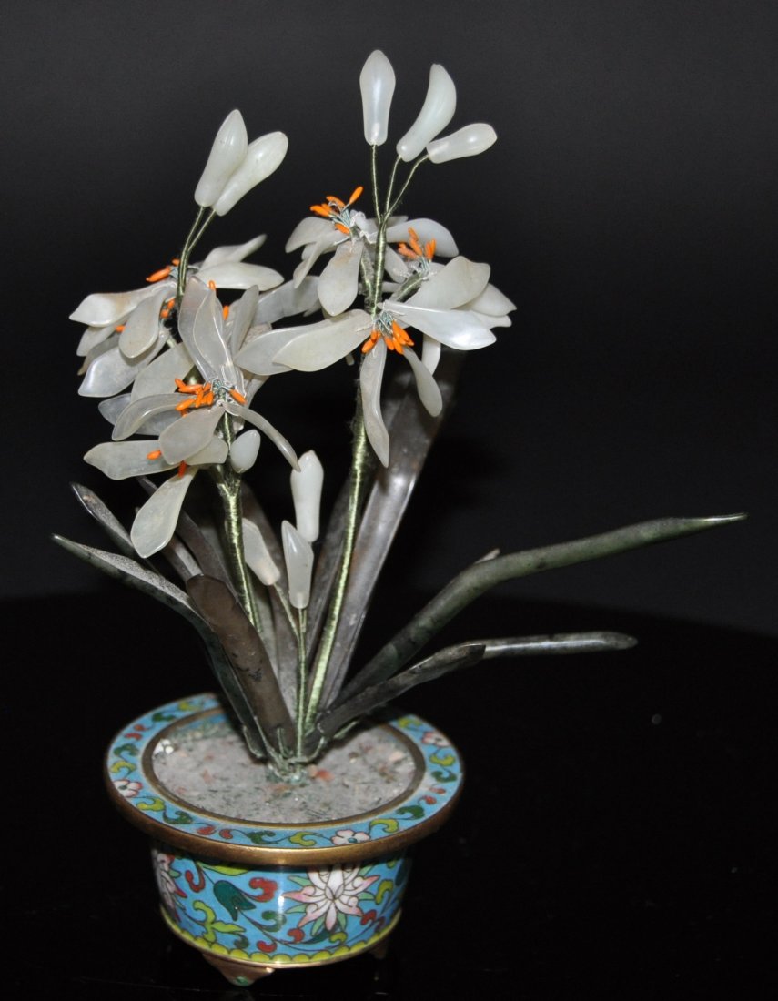 A 19th Century  jade tree with cloisonne-Enameled jard (1 of 7)