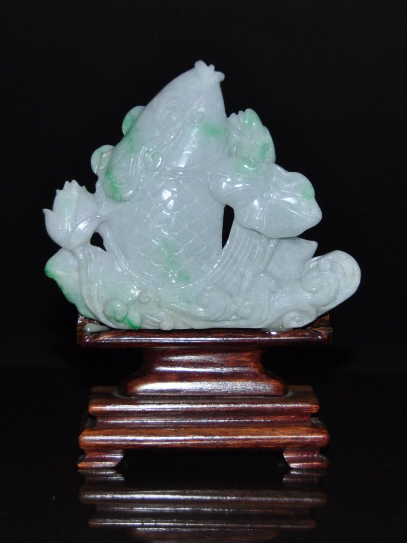 A Natural jadeite carved koi fish and lotus,Qing (1 of 6)