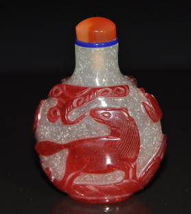 A 18th Century red overlay glass snuff bottle: A red overlay glass snuff bottle depicting dragon.with Agate stopper.Height 7cm. Provenance: Singapore private collection. Mr Chen Hui Seng a retired entrepreneur and industrialist, is also an avid sn