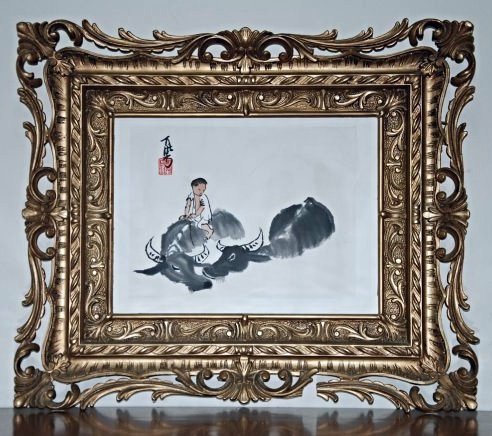 A painting by Li Ke Ran: This painting depicts a scene with a child riding an ox. Li Ke Ran was a renown Chinese painter. This painting is beautifully embroidered with an elegant style frame. Length 24 in, Width 20 in 中