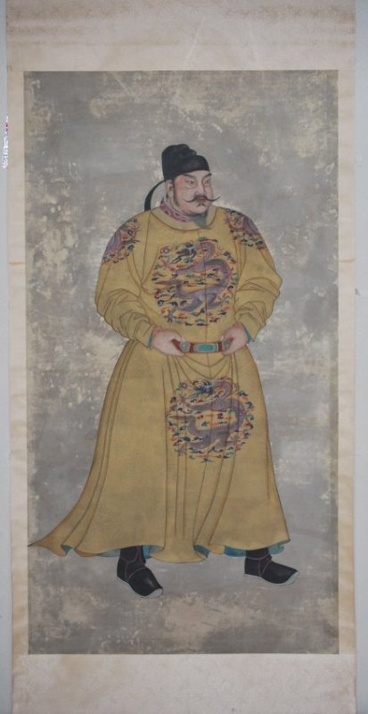 Large Emperor Tai-tsung of the Tang Dynasty scroll: In this standing portrait the Emperor Tai-tsung is depicted with curly beard and black hat of silk, dressed in a yellow belted gown with narrow sleeves, and wearing leather boots. The emperor Tai-tsun