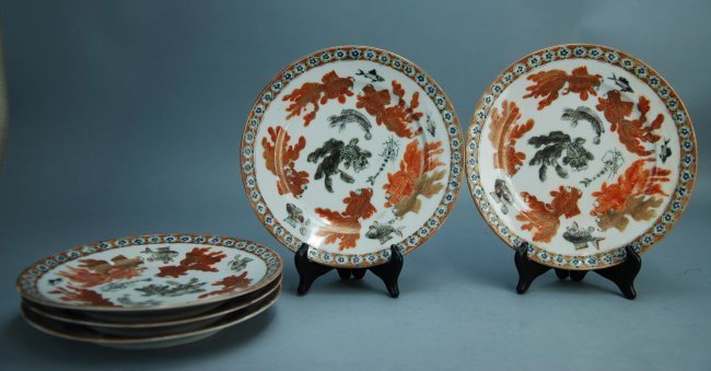 A set of Five 19th century gold fish plates: These pieces all feature bubble eyed goldfish and shrimp swimming. Diameter 8.4 in of each