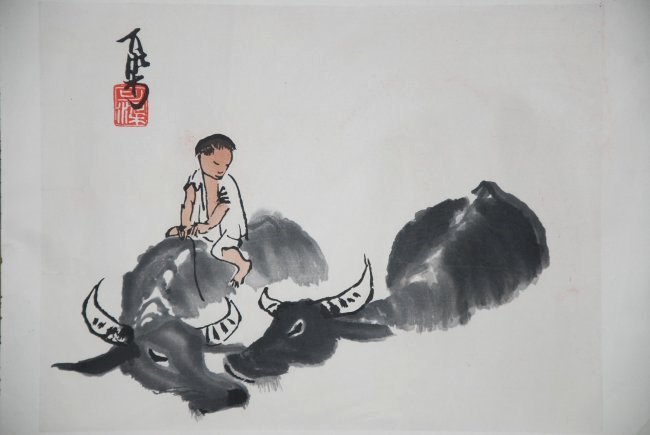 A painting by Li Ke Ran: This painting depicts a scene with a child riding an ox. Li Ke Ran was a renowned Chinese painter. This painting is beautifully embroidered with an elegant style frame. Length 24 in, Width 20 in