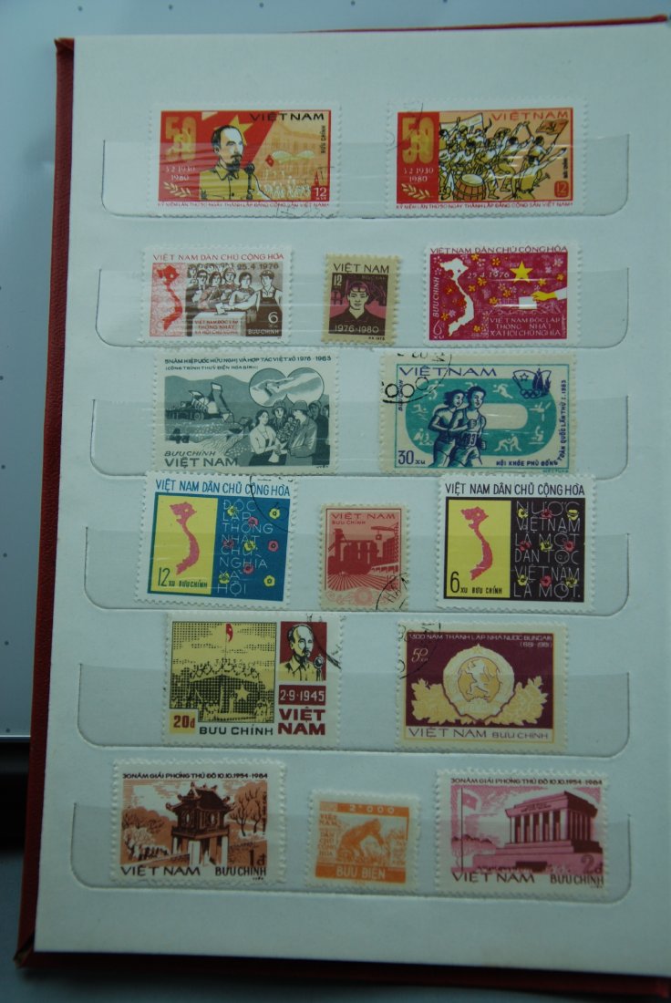 A stamp album containing numerous Vietnamese stamps: These pieces contain stamps of various designs and illustrations from the 20th century. There are in total 6 pages in this stamp album.Many pieces.