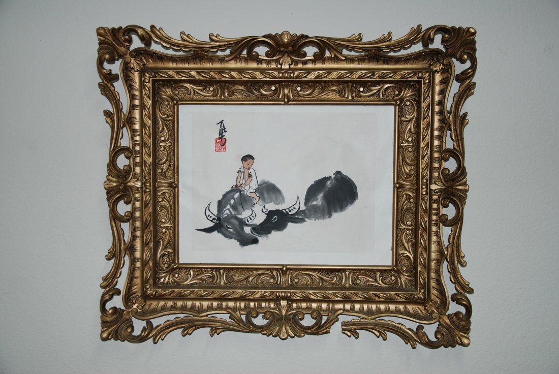 A painting by Li Ke Ran: This painting depicts a scene with a child riding an ox. Li Ke Ran was a renowned Chinese painter. This painting is beautifully embroidered with an elegant style frame. Length 24 in, Width 20 in