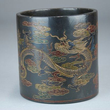 An Antique Chinese polychrome lacquered brush pot (1 of 6)