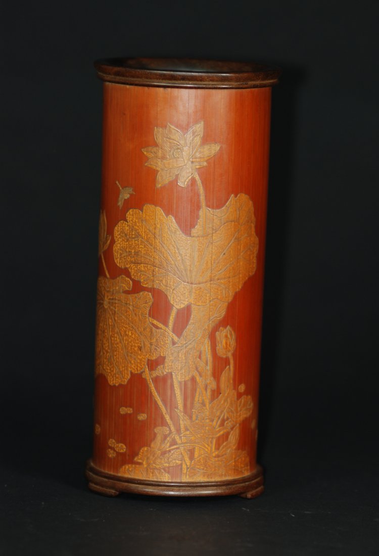 A rare Qing Dynasty bamboo and  wood brush pot (1 of 10)