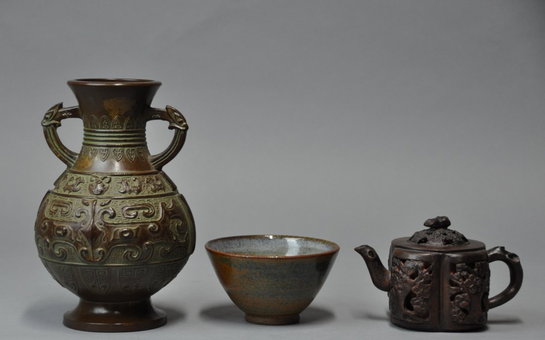 (Lot of 3)  Chinese Yinxing teapot ,porcelain  bowl (1 of 7)