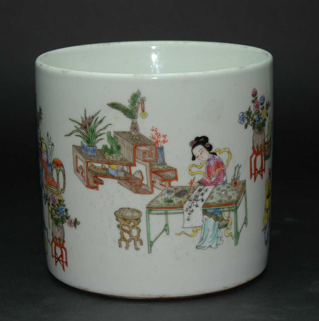 A large Qing Dynasty famille rose brush washer pot (1 of 5)