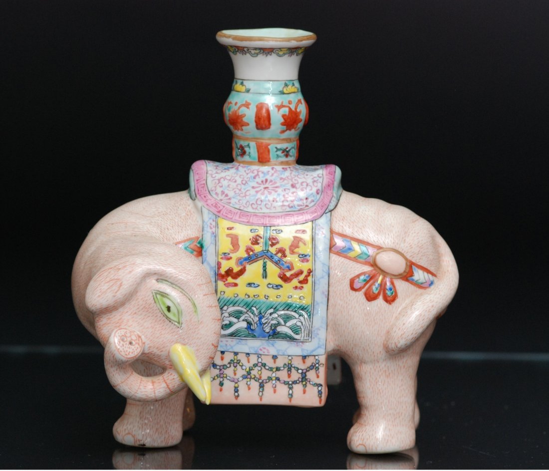 A Qing famille rose porcelain elephant candlestick (1 of 5)