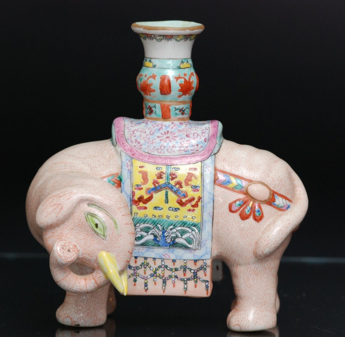 A Qing famille rose porcelain elephant candlestick (1 of 5)